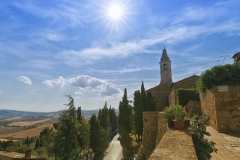 View from the City Wall of Pienza, on the summerly dry Tuscany- Landscape and Mountains. (Some Lens Flares in the lower Part)